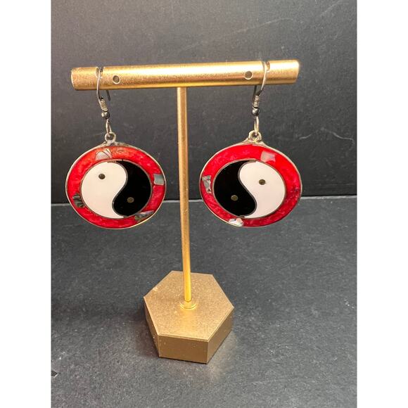 Vintage ALPACA MEXICO Silver MOP Abalone Yin Yang Drop Earrings - Picture 3 of 14